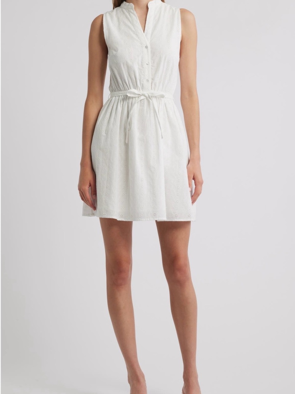Lipsy White Sleeveless Eyelet Tie-Waist Mini Dress